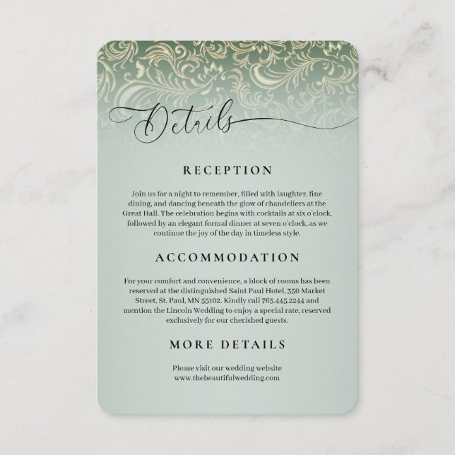 Green Damask Wedding Reception Details Card (Front)