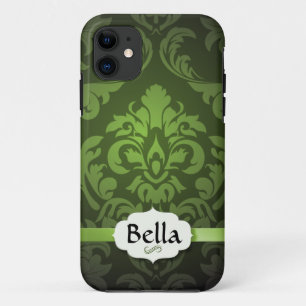 Green Damask with name iPhone 11 Case