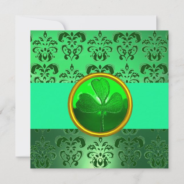 GREEN DAMASK WITH SHAMROCK ,black Invitation (Front)