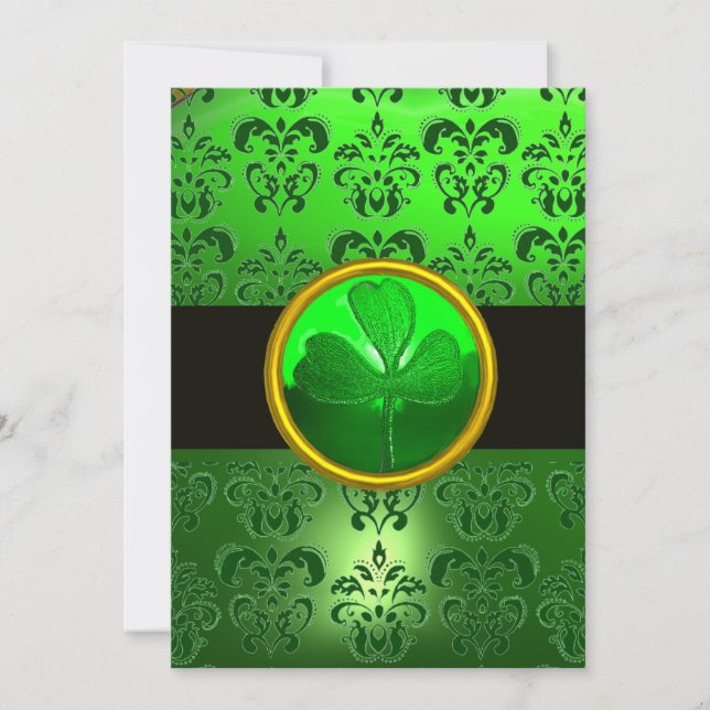 GREEN DAMASK WITH SHAMROCK ,black Invitation (Front)