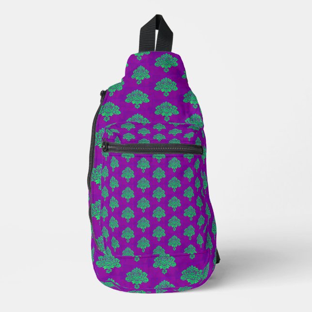 Green damasks pattern on purple sling bag (Front)