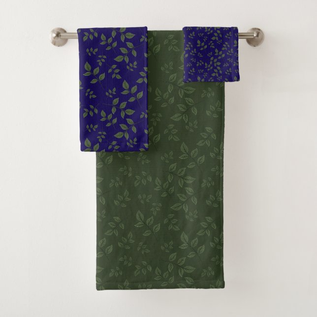 Green dark blue green pattern leaves  bath towel set (Insitu)