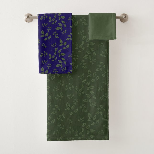 Green dark blue green pattern leaves  bath towel set (Insitu)