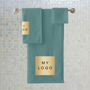 Green dark cyan gold text company business logo bath towel set
