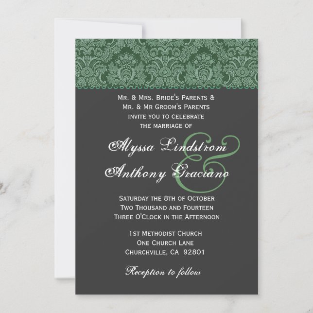 Green Dark Grey  Damask Wedding Invitation (Front)