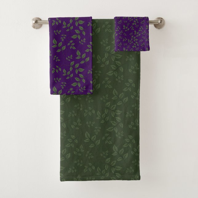 Green dark purple green pattern leaves  bath towel set (Insitu)