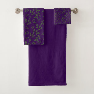 Green dark purple pattern leaves bath towel set