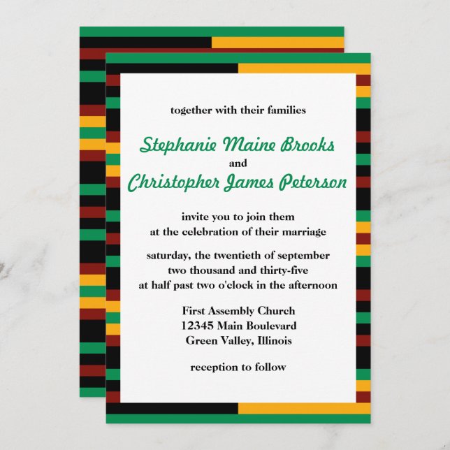 Green, Dark Red, Yellow Kente Cloth Stripes Invitation (Front/Back)