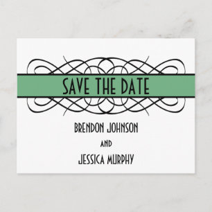 Green Deco Flourish Save the Date Postcard