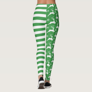 Green Deer and Stripes Christmas Leggings