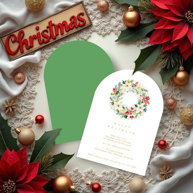 Green Delicate Chic Winter Christmas Wreath Party Invitation (Delicate Chic Winter Christmas Wreath Holiday Party Invitations Cards in Digital Watercolor Style.)
