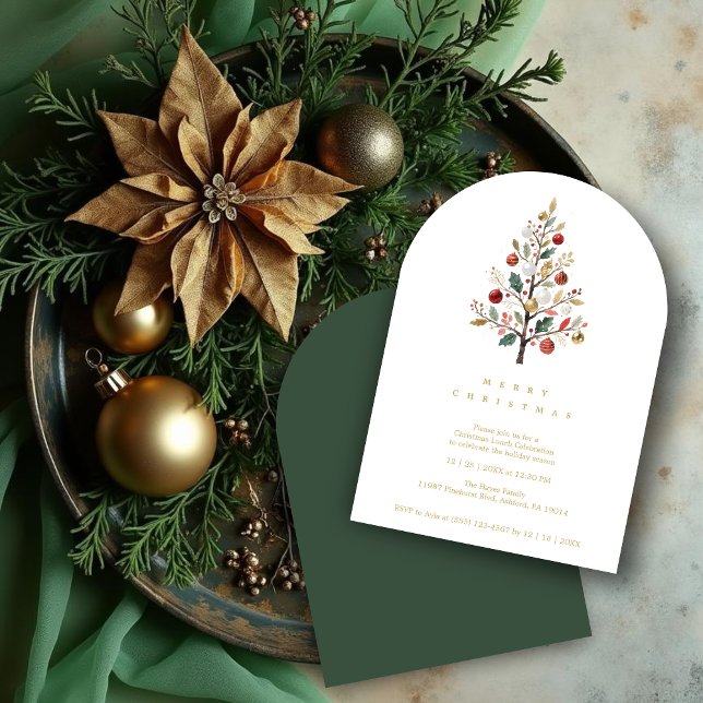 Green Delicate Simple Chic Winter Christmas Tree Invitation (Green Minimalist Chic Winter Christmas Tree Holiday Party Invitations Cards in  Watercolor Style.)