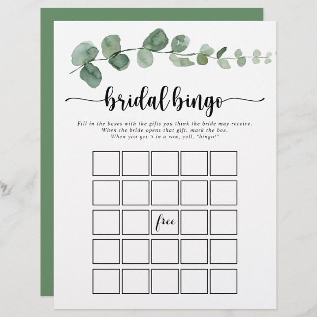 Green Delight Eucalyptus Bridal Bingo Game (Front/Back)