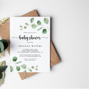 Green Delight Eucalyptus Calligraphy Baby Shower  Invitation