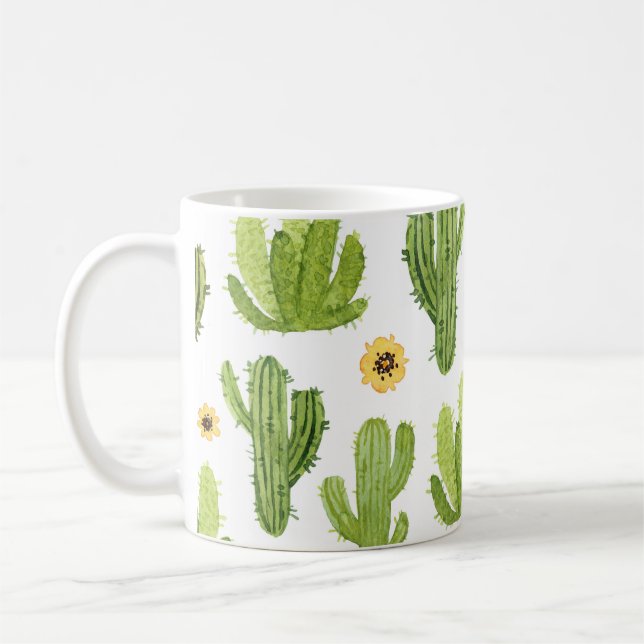 Green Desert Cactus: Watercolor Seamless Coffee Mug (Left)