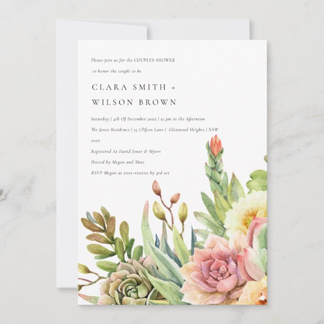 GREEN DESERT SUCCULENT CACTI FOLIAGE COUPLE SHOWER INVITATION (Front)