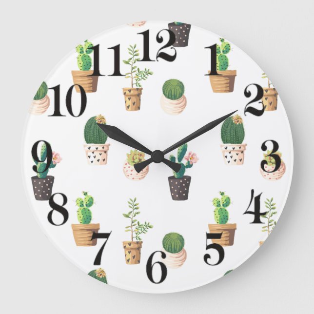 Green Dessert Succulent Cactus in Pots Large Clock (Front)