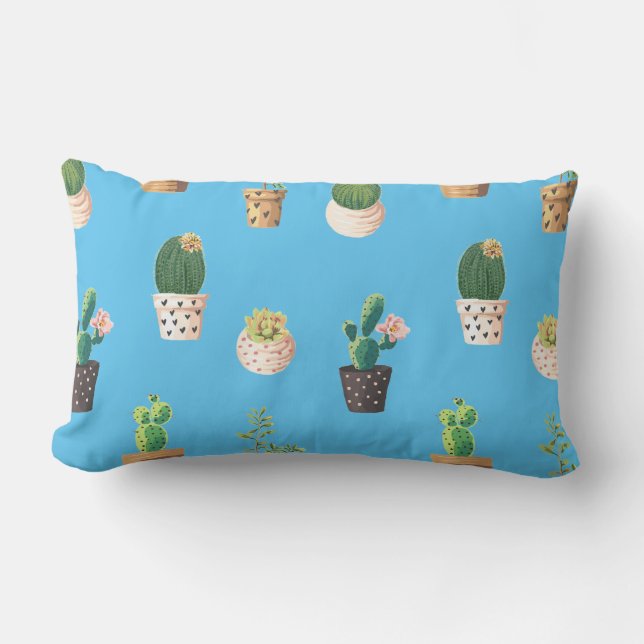 Green Dessrt Succulent Cactus in Pots Lumbar Cushion (Front)