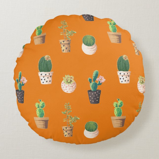 Green Dessrt Succulent Cactus in Pots Round Cushion (Front)