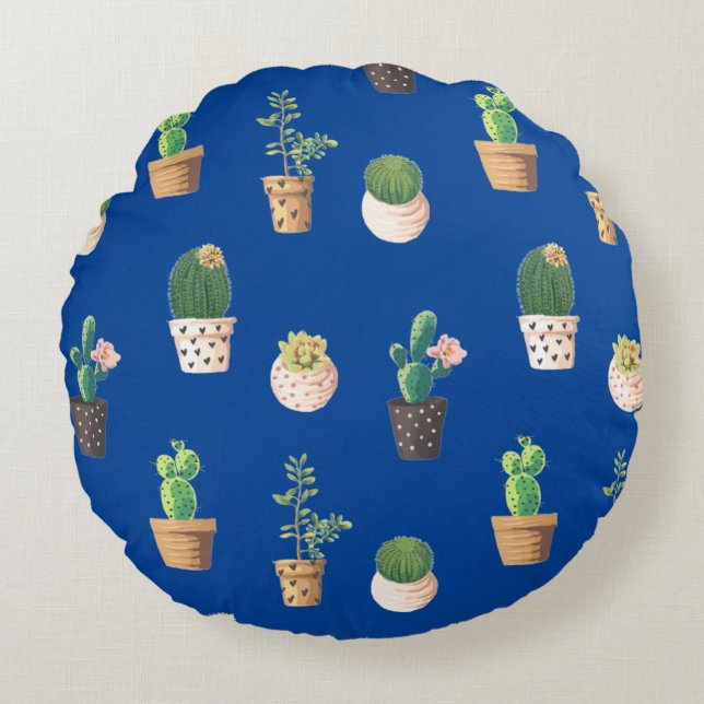 Green Dessrt Succulent Cactus in Pots Round Cushion (Front)