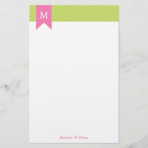 Green Diagonal Stripes Pattern and Pink Monogram Stationery