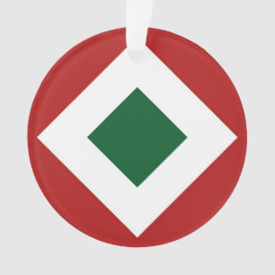 Green Diamond, Bold White Border on Red Ornament