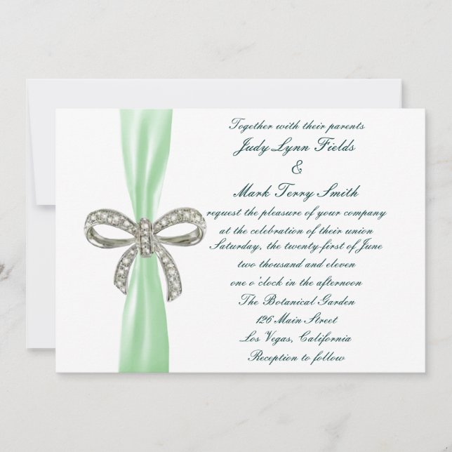 Green Diamond Bow Wedding Invitation (Front)