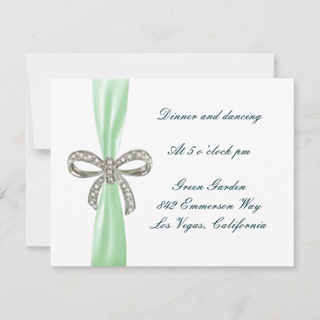 Green Diamond Bow Wedding Reception Card (Front)