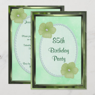 Green Diamond Flowers & Pearls 85th Birthday Invitation