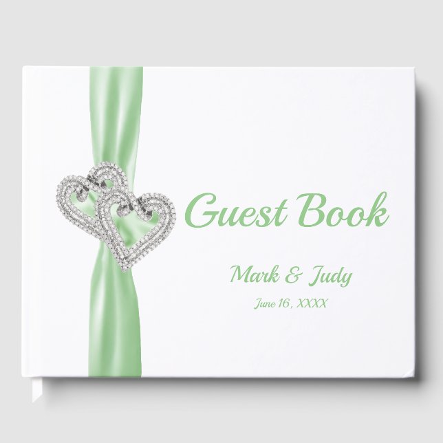 Green Diamond Hearts Wedding Guestbook (Front)