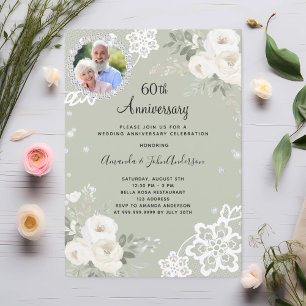 Green diamonds florals 60th wedding anniversary invitation