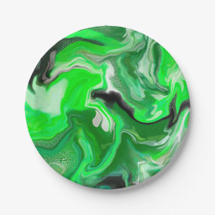 Green Digital Fluid Marble Art Paper Plate