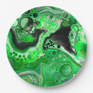 Green Digital Fluid Marble Art Paper Plate