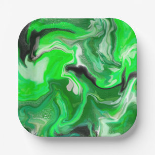 Green Digital Fluid Marble Art Paper Plate