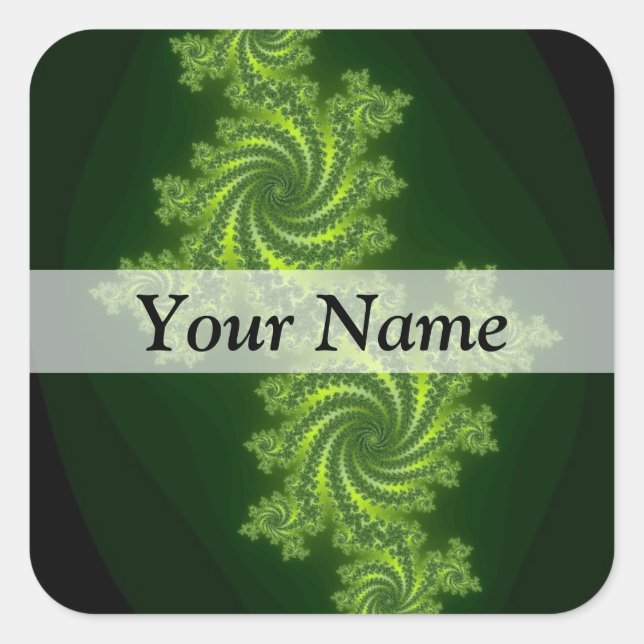 Green  digital fractal pattern square sticker (Front)