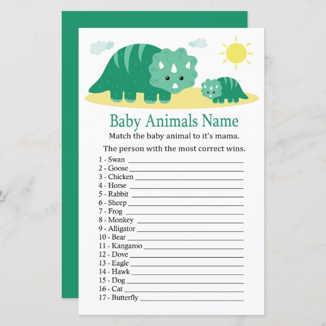 Green Dino Baby Animals Name Game (Front/Back)