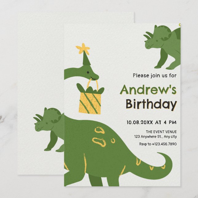 Green dino birthday invitation (Front/Back)