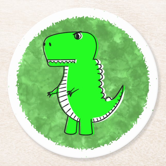 Green Dino Watercolor Baby Shower  Round Paper Coaster (Front)