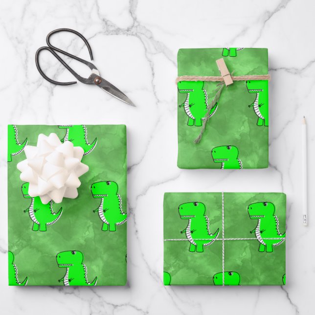 Green Dino Watercolor Baby Shower Wrapping Paper Sheet (Front)