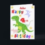 Green Dinosaur 4th Birthday Card<br><div class="desc">A fun 4th birthday card. This bright third birthday card features a cartoon green T-Rex dinosaur, Pterodactyl, Brontosaurus and a Triceratops, yellow stars and a colorful Happy Birthday text. A cute design for someone who will be four years old. The birthday age and the child's name on the front of...</div>