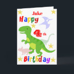 Green Dinosaur 4th Birthday Card<br><div class="desc">A fun 4th birthday card. This bright third birthday card features a cartoon green T-Rex dinosaur, Pterodactyl, Brontosaurus and a Triceratops, yellow stars and a colorful Happy Birthday text. A cute design for someone who will be four years old. The birthday age and the child's name on the front of...</div>