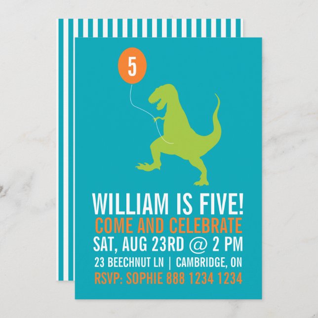 Green Dinosaur and Balloon Kids Birthday Invitation (Front/Back)