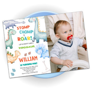 Green Dinosaur Birthday Invitations with photo