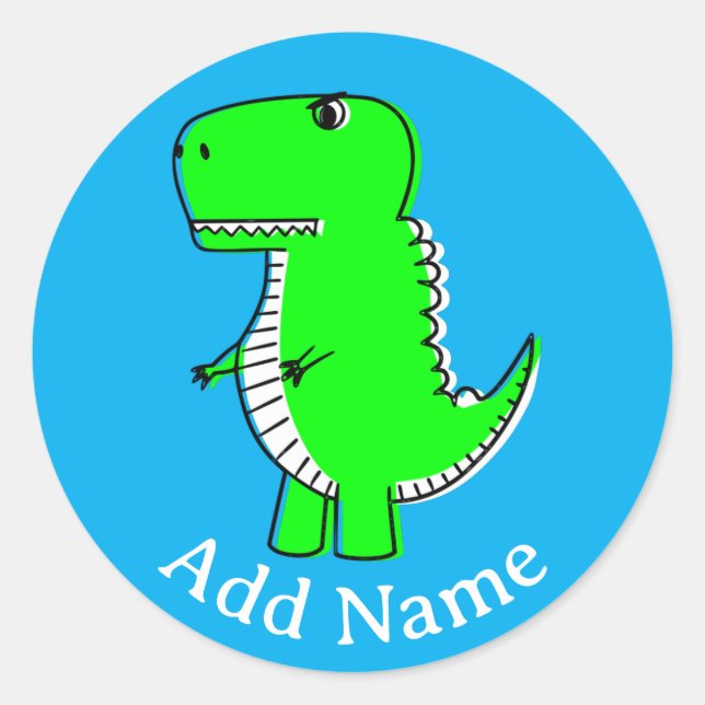 Green Dinosaur Drawing Custom Name Classic Round Sticker (Front)