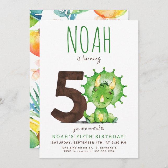 Green Dinosaur Fifth Birthday Invitation (Front/Back)