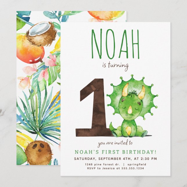 Green Dinosaur First Birthday Invitation (Front/Back)