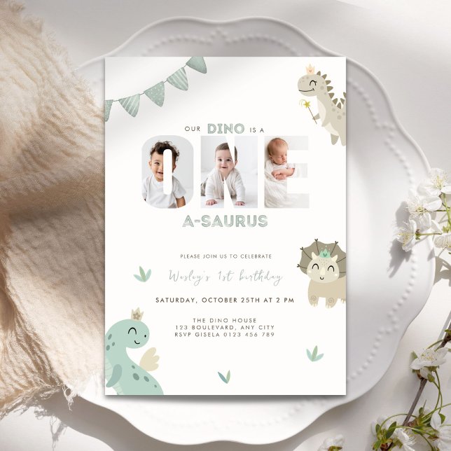 Green Dinosaur First Birthday Photo Invitation Boy (Dinosaur first birthday invitation for boys)