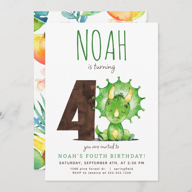 Green Dinosaur Fourth Birthday Invitation (Front/Back)