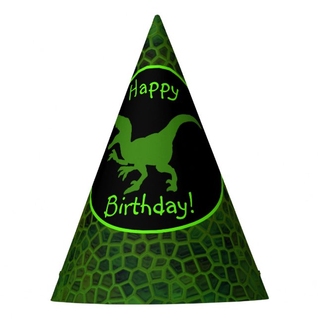 Green Dinosaur Hide Happy Birthday!  Party Hat (Front)