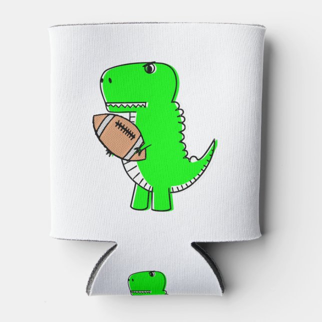 Green Dinosaur Loves Football Can Cooler (Front)